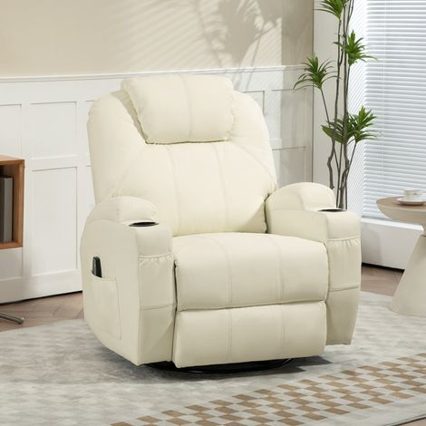 Fauteuil inclinable avec fonction massage, dossier inclinable, pivotant, jusqu'à 150 kg, similicuir, blanc crème
