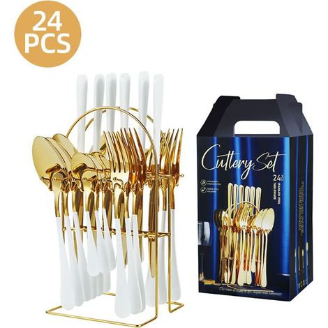 Ménagère 24 pièces - Acier inoxydable - Avec support - Finition miroir - Service de table 6 personnes - Compatible lave-vaisselle - Or blanc (1/5)