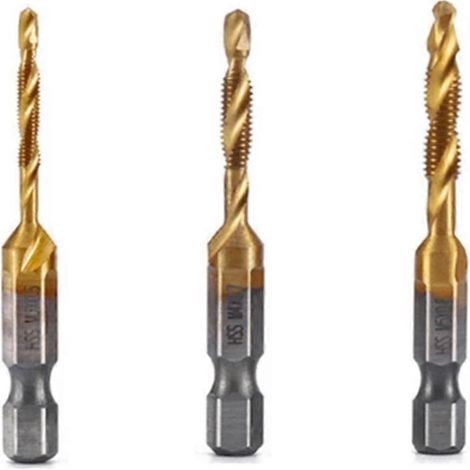 Tarauds métriques M3++M5 à queue hexagonale en acier rapide (HSS) plaqué titane, pour machines à vis, avec outil de chanfreinage ouvert (1/5)