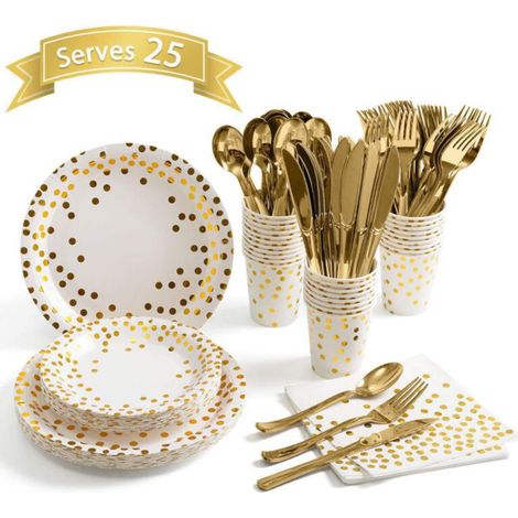 Ensemble de vaisselle de fête de 145 pièces : assiettes en carton, serviettes, gobelets, fourchettes et couteaux réutilisables pour les anniversaires et les fêtes. (1/5)