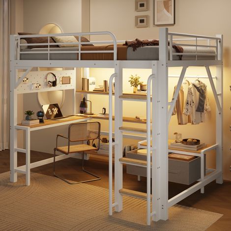 Letto a soppalco per bambini 140x200 con scrivania, ripiani, LED, USB, bianco HAVRYA (1/5)