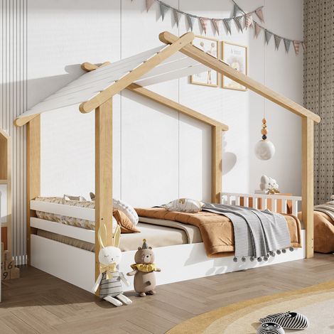 Letto bambino 90x200 cm bianco e naturale, in legno di pino e MDF, casetta (1/5)