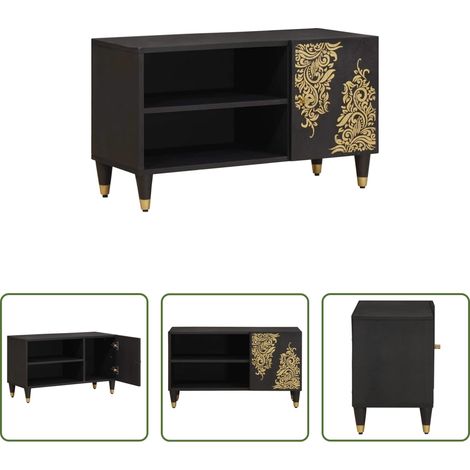 Rangement tv - Meuble TV avec porte Noir 80 x 33 x 46 cm Bois de mangue massif (1/5)