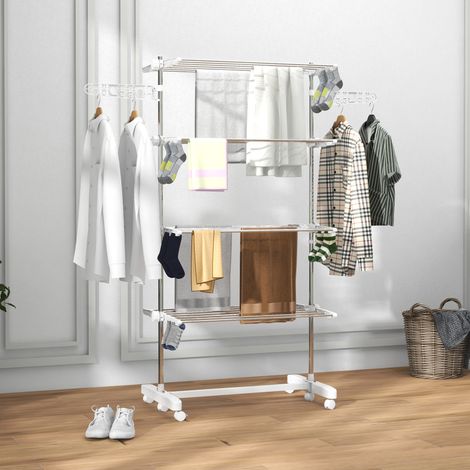 Étendoir à linge mobile pliant 142 x 55 x 172 cm, 4 niveaux, roulettes, blanc, acier (1/5)