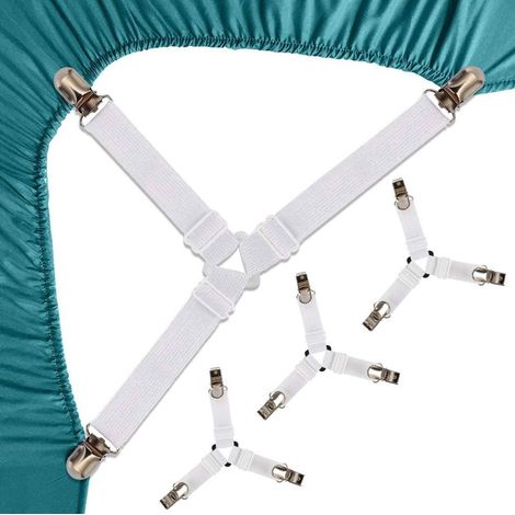 Lot de 4 attaches triangulaires pour draps, pinces élastiques pour matelas, tendeurs de draps réglables, sangles de matelas (blanches) (1/5)