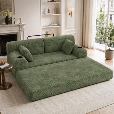 Canapé Convertible 168x80x81cm Velours Côtelé Vert 2 Places - Canapé-Lit - Dossier Haut, Mousse HD, 2 Porte-gobelets, 4 Poches (1/5)