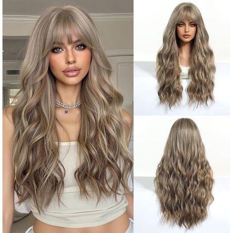 Long Bouclé Blond Cendré Pour Femmes Avec Frange Cheveux Synthétiques Naturels Perruque Pour Usage Quotidien & Soirée[CA214]