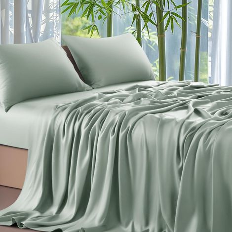 Bambou Drap Housse 200x200cm Vert Sauge Bonnet 30cm Drap de lit Lyocell Soie Drap Housse Vert Lisse Respirant pour Matelas Épais Haut Tissu Anti-Acarien Hypoallergénique de Durable Lavable en Machine (1/5)