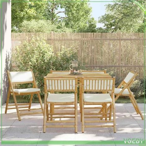Chaise de bistro pliantes - 3208924 - Bambou massif - Pliable - Lot de 6 avec coussins blanc crème (1/5)