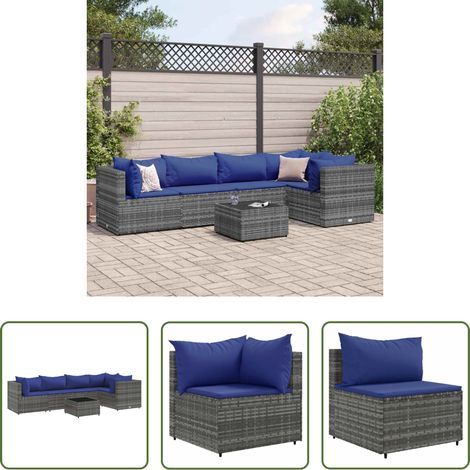 vidaXL Rattanmöbel - 6-tlg. Garten-Lounge-Set mit Kissen Grau Poly Rattan (1/5)
