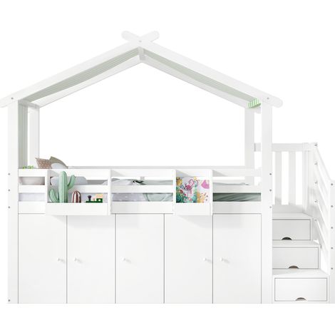 Lit superposé enfant avec escalier de rangement, armoire, 2 coffres et toit, barrières de sécurité, 90x200 cm, blanc et vert - CHICFURN (1/5)