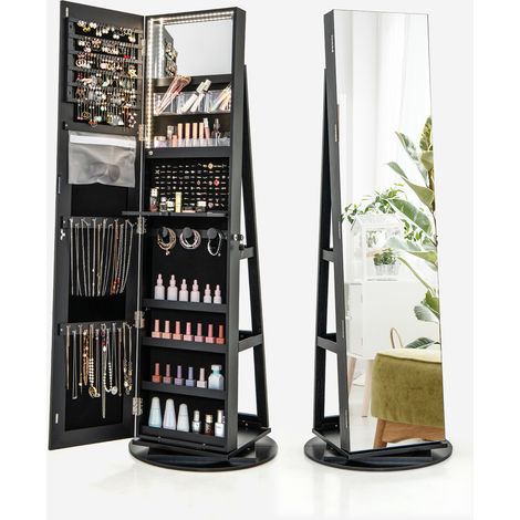 Armoire à bijoux miroir rotative 360° avec 3 modes LED colorés verrouillable - noir (1/5)