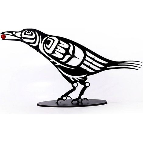 Metallene Krähenfigur, geschnitzter Rabe aus Stahl mit Beeren, Skulptur zur Dekoration von Gartenzäunen (1/2)