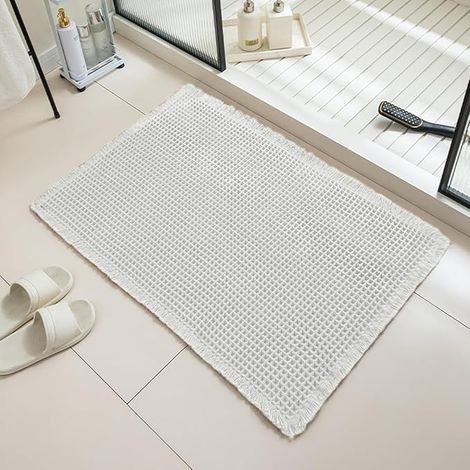 Waffle Weave Bath Mat, Cream, 51 x 81 cm absorbent, quick drying, non-slip backing, machine washable at 30°C, extra soft (1/5)