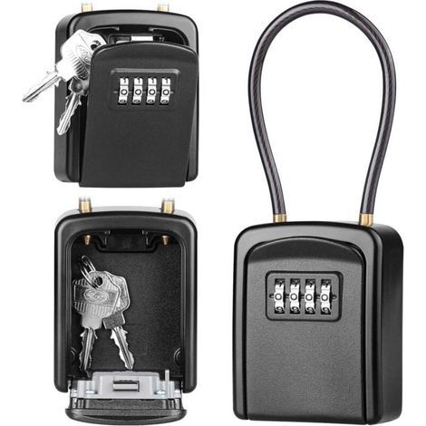 Metal Cable Key Box, Secure Key Box with 4-Digit Combination Lock, Waterproof Outdoor Use, Black (1/5)