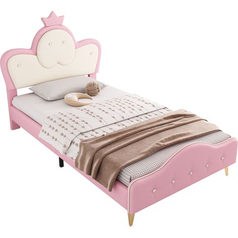 Letto per bambini 90x200cm con striscia led monocromatica, testata con corona, testata ondulata, pu, rosa + bianco (1/5)