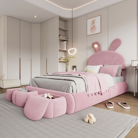 Lit 90x200 avec rangements, velours rose et LED HAVRYA (1/5)
