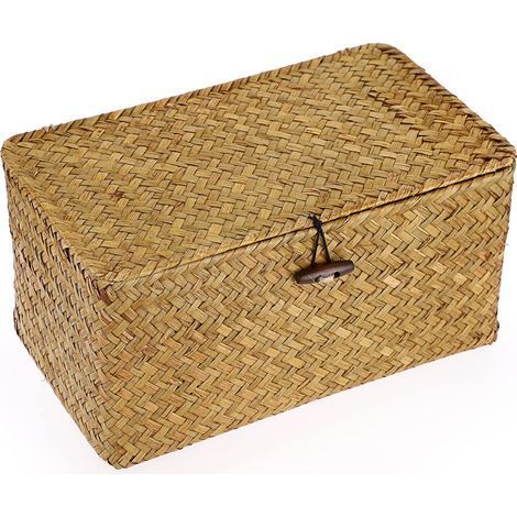 TAISHENGDA-Bacs de rangement en osier tissé avec couvercle - Caramels en jonc de mer naturel (L, 31 x 18 x 15.5 cm) (1/5)