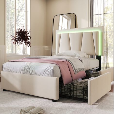 MEUBLIV Letto 90x200 cm beige – LED e 2 cassetti, testiera regolabile, con materasso (1/5)