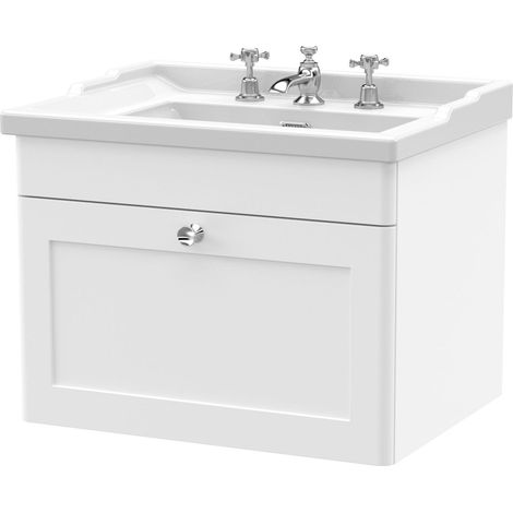 Swynnerton Traditional 1 Drawer Wall Hung Vanity Unit with Basin, Satin White, 600mm