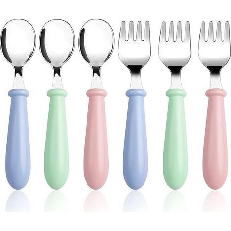 Ensemble de 3 ou 6 pièces de fourchettes et cuillères pour bébé. en acier inoxydable. avec manches ronds. (1/5)