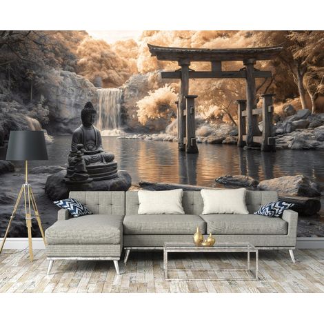 Fototapete Buddha Wald Wasserfall, für Wohnzimmer und Schlafzimmer, 150 x 105 cm – Komplettset inkl. Kleister & Anleitung (1/4)