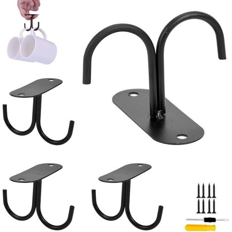 4 portabicchieri da appendere, portabicchieri da caffè in metallo nero con 2 ganci, per riporre e appendere utensili da cucina, con 8 viti e cacciavite - Crezuo