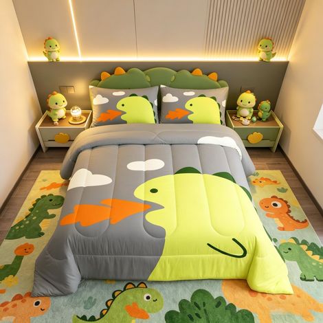 Parure de lit avec couette en duvet et motif dinosaure mignon pour enfants, garçons et filles, housse de couette en forme d'animal de la jungle pour lit double (1/4)