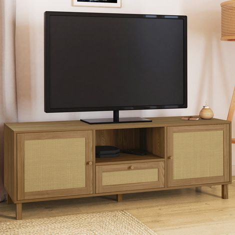 Mueble TV vintage HANAE 140 cm con 3 puertas de caña efecto natural