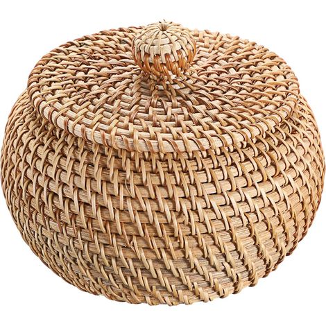 Cesto portaoggetti in rattan con coperchio, scatola decorativa, organizer per mensole, casa, cucina (16x12 cm)