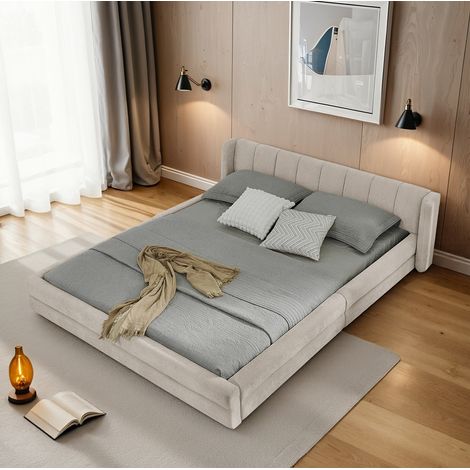 Lit moderne 160x200 cm en mousse beige avec tête de lit confortable et structure stable (1/5)