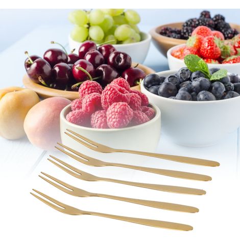 Ensemble de 5 fourchettes à fruits en acier inoxydable 304, style européen, créatif, pour un usage domestique, brochettes à fruits de style occidental, couleur or, 5 pièces. (1/5)
