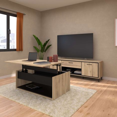 Ensemble salon table basse relevable + meuble TV aspect bois et noir - OSTAREL (1/5)