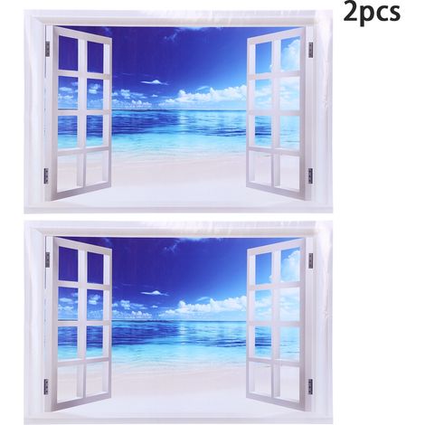 Autocollant mural Unique à motif d'eau de mer et de fenêtre bleue, 2 pièces, décoration pour porte de maison