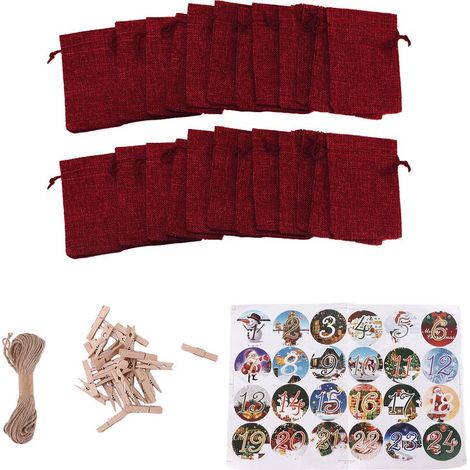 24 weihnachtliche Reißverschlusstaschen, Geschenktüten mit Glückszahlen, weinroter Adventskalender (1/5)