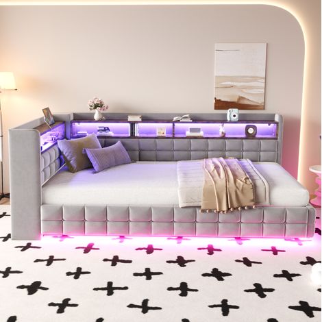 Sofá cama tapizado 90x200 cm gris claro, de terciopelo con almacenaje hidráulico (1/5)