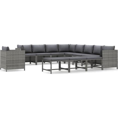 Vidaxl – Salon de jardin modulaire 12 pcs – Résine tressée gris – Coussins amovibles et lavables – Structure acier enduit de poudre – Léger et facile à nettoyer