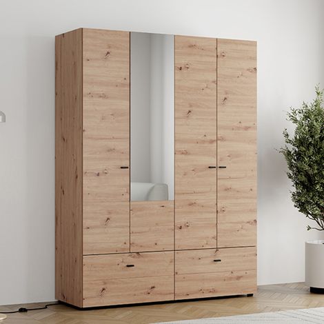 Großer Kleiderschrank Spigno, Schlafzimmer-Schrank mit 2 Regalen, 2 Schubladen, Kleiderstange, 155x208h cm Eichenholz Braun (1/5)