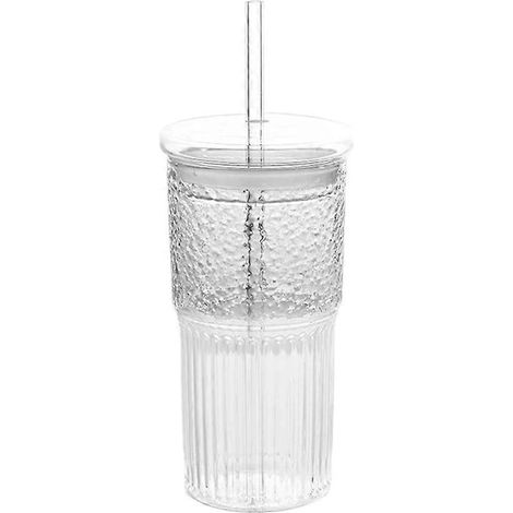 600-ml-Glasbecher mit Deckel und Strohhalm, ideal für Kaffee, Wasser, Saft und Tee. Erhältlich in gestreifter, transparenter Ausführung. (1/5)