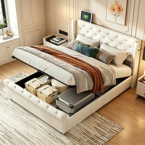 Lit Double 140x190 cm avec Rangement, Tête de Lit avec Clous Décoratifs, Sommier à lattes hydraulique, Lampe de chevet et Fonction Chargement USB, Velours