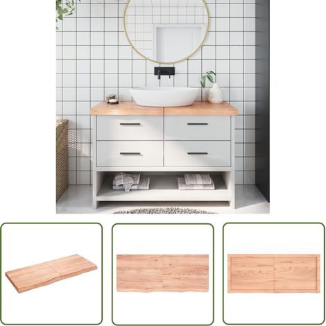 The Living Store Waschtischplatte Hellbraun 120x50x(2-6) cm Massivholz Behandelt - Eichenholz Platte - Holz Waschttischplatte - Waschbeckenunterrüstung - Badrenovierung - Handgefertigte Möbel (1/5)
