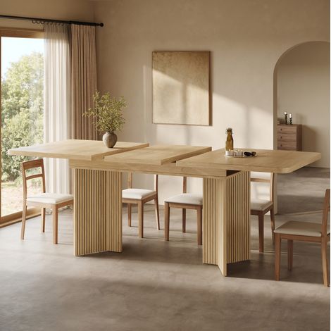 Tavolo da pranzo allungabile 120–160 cm, MDF e metallo, rovere chiaro/noce, OKWISH (1/5)
