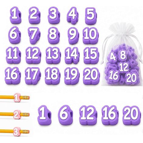 Étiquettes numérotées 1 à 20 pour crayons réutilisables en silicone souple suivi de crayons violet (1/5)