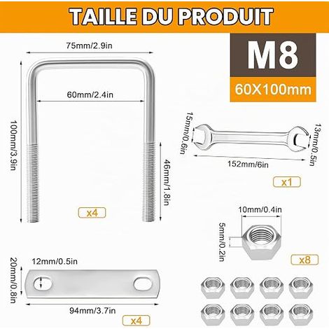 Boulons en U M8 U-Bolts en Acier Inoxydable Boulon Carrés avec Écrou Plaques Rondelle et Clé pour Fixation des Tuyaus de Remorquage de Réparation Voiture M8 60x100mm (1/4)