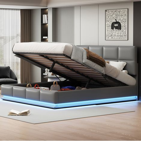 Letto imbottito moderno 180x200 cm in similpelle grigio cemento con LED, vano contenitore idraulico e testiera regolabile (1/5)