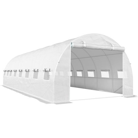 Serre tunnel de 24 m² (8 m L x 3 m l x 2 m H) – 16 fenêtres, porte sectionnelle en acier galvanisé avec fermeture éclair, bâche en polyéthylène, blanche (1/5)