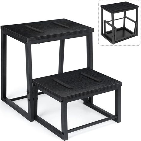 Marchepied à 2 Marches en Bois pour Adultes et Enfants, Cadre métallique, Conception 2 en 1 rétractable, marchepied de lit antidérapantes, Marchepied pour Cuisine, Salle de Bain,Balcon, Noir (1/5)