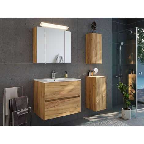 Badmöbelset Taifun 70cm 4tlg mit Spiegelschrank und 2x Badschrank eiche gold