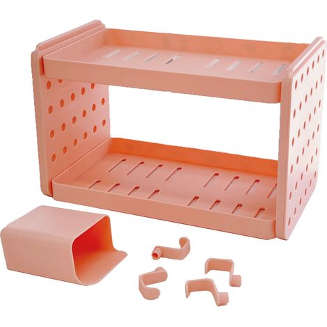 Étagère de Bureau Double Couche + Sans Marque + Modèle Standard + Crochets Porte-Stylo, Organiseur Plastique Rose Clair Compact pour Cuisine Salle de Bain Bureau (1/5)