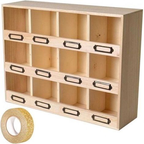 Casier de rangement bois 12 cases + masking tape doré à paillettes 5 m